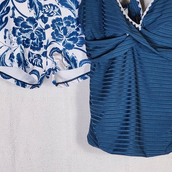 Rotita Peacock Blue Criss Cross Ties Floral Bottom Poly Span Tankini Set Size S - Picture 3 of 16